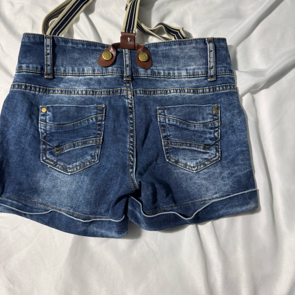 Yellow Beetle Denim Shorts w/ Striped Suspenders | Size 29 Y2K Retro Streetwear - Picture 2 of 11